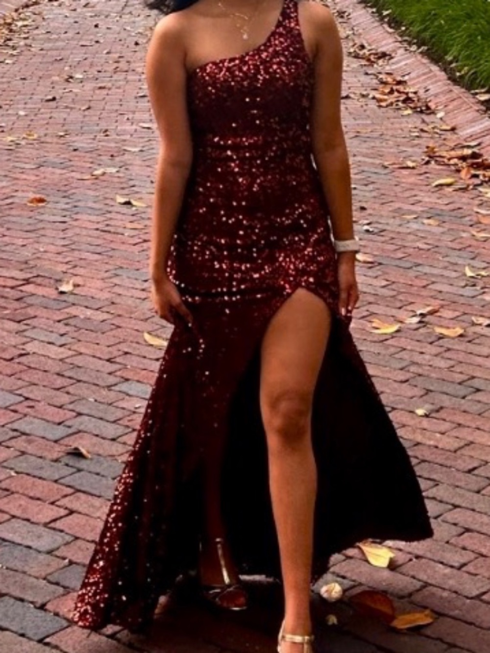 One-Shoulder Bronze Sequin Formal Gown with High Slit